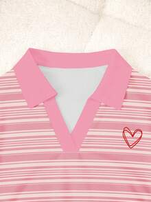 Rovax 女士条纹爱心印花休闲Polo领短袖上衣 - 白色 - 查看 3