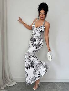 SHEIN Elenzya Women's Halter Waist Mermaid Dress, Elegant Minimalist Design For Vacation, Commute, Date, Garden, Casual Outings, Spring/Summer - Multicolor - View 5