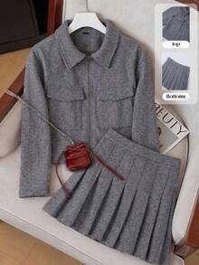 Franclia Plus Size Women's New Winter & Spring Wool Blend Jacket & Pleated Skirt 2 Piece Set, Elegant Romantic Outfit For Business Casual Wear Work Clothes Women Set Skirt Suit Grey Two Piece Set Blazer Skirt Set Tweed Two Piece Set - Dark Grey - View 3
