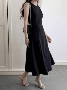 DAZY Đầm đen kiểu Pháp, đầm midi dáng chữ A thắt eo dành cho nữ, đầm mùa hè. - màu đen - Xem 7