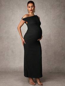 MaterniChic Đầm ôm dáng thanh lịch màu trơn dành cho bà bầu, thiết kế lệch vai, đính kim loại. - màu đen - Xem 5