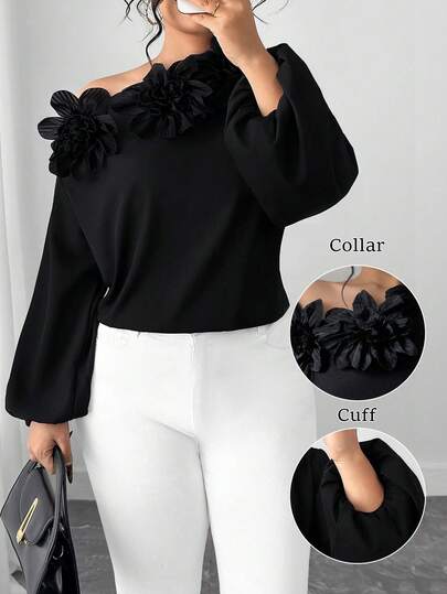 Elenzga Plus Size Women Oblique Shoulder 3D Floral Decor Long Sleeve Solid Color Blouse
