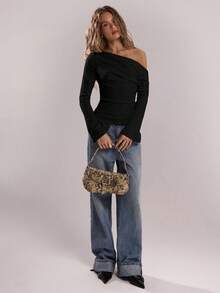 SHEIN BAE Women's Solid Color Ruched Asymmetric Long Sleeve Fitted Blouse - Black - View 5