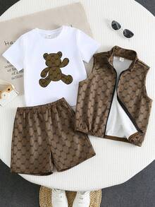 Young Boys 3-Piece Set: Cute Bear & Letter Print Soft Knit Crew Neck Short Sleeve Top, Vest, And Shorts, Casual, Comfortable, Versatile For Daily Wear, Travel, Outdoor, Holidays, Beach, Summer - Khaki - View 4