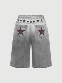 ROMWE Avant Quần short denim xám bạc màu phong cách Y3K cổ điển, cạp trung, in họa tiết nốt nhạc dành cho nữ. - Xám - Xem 2