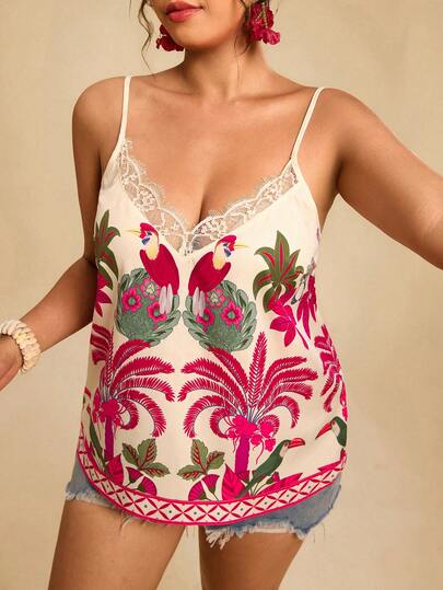 Travachic Plus Size Tropical Print Camisole Spring Outfit Women Summer Holiday Outfits Beach Outfit For Women Vacation Outfits  Tropical Print Lace Top Going Out Tops Graphic Tees Women Casual Blouses For Women  Carnival