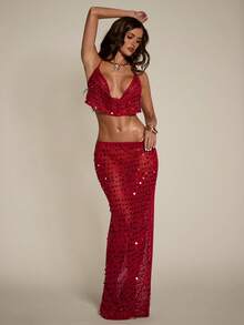 SHEIN BAE 镂空针织深V领设计独特吊带裙，法式复古红色，适合生日派对、度假、海滩等场合，亮片连衣裙 - 紅色 - 查看 1