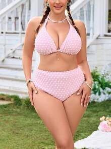 Swim Mod 大码女士三件套波点比基尼套装 - 粉色 - 查看 3