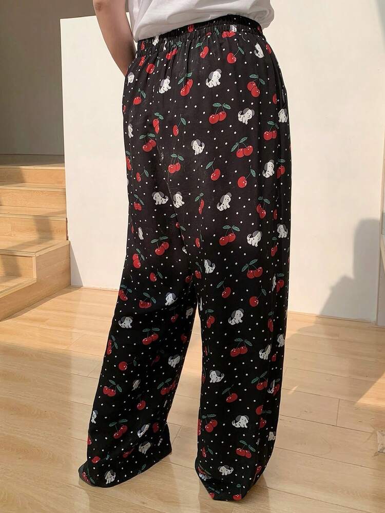 Dazy Plus Plus Size Cherry & Puppy Print Pajama Bottoms
