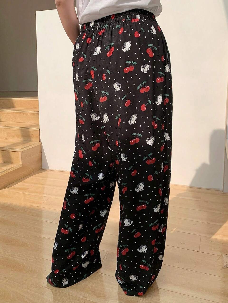 Dazy Plus Plus Size Cherry & Puppy Print Pajama Bottoms