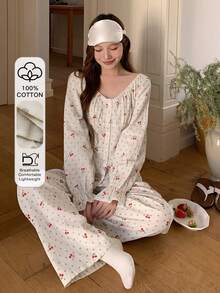 DAZY Women's Sweet Cherry Polka Dot Allover Print Ruffle Collar Pajama Set - White - View 5