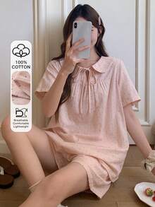 DAZY 女士可爱波点印花系领娃娃衫睡衣套装 - 粉色 - 查看 1