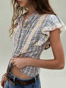 SoleilVie 女士格子荷叶边蕾丝拼接复古花卉衬衫 - 藍白色 - 查看 1