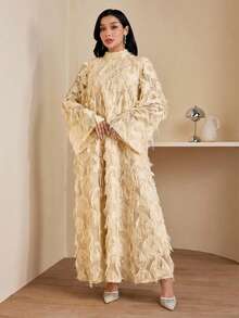 Veilorie 女士优雅派对纯色流苏喇叭袖阿拉伯风格连衣裙 - 卡其色 - 查看 3