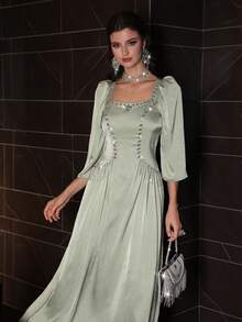 Layrah Handmade Rhinestone Beaded Square Neck Puff Sleeve Arabic Style Dress - Green - View 3