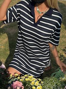 DAZY Women's Collared Textured Fabric Striped Casual Mini Dress - Navy Blue - View 5