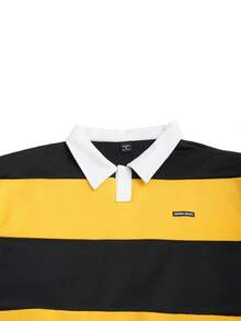 AXEPEAK Kemeja Polo Pria Lengan Pendek Longgar Kasual, Warna Solid dengan Kerah Kontras dan Patchwork, Kemeja Pria Blok Warna Gaya Retro - Kuning - View 4