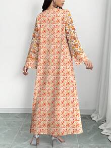 SHEIN Najma 女士橙红色花卉植物撞色数码印花V领长袖优雅阿拉伯风格长款连衣裙，春夏款 - 彩色 - 查看 2