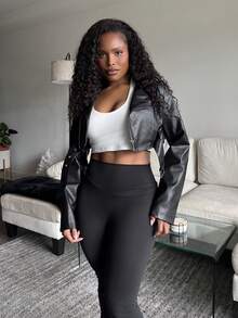 Tyla Gomez Zip Up PU Crop Moto Jacket In Fall/Winter Black - Black - View 1