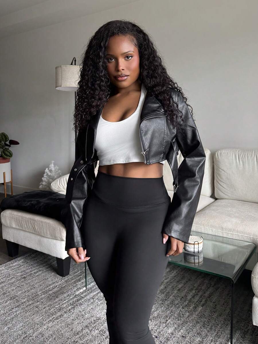 Tyla Gomez Zip Up PU Crop Moto Jacket In Fall/Winter Black - Black - View 1