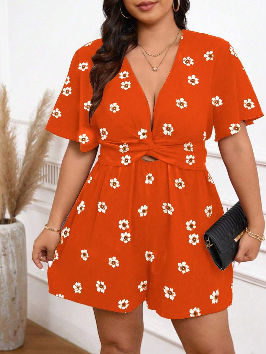 EMERY ROSE Plus Size Women Floral Print V-Neck Drawstring Waist A-Line Short Sleeve Casual Elegant Shorts, Spring/Summer Women's Floral Romper Orange Floral Romper Plus Size Romper Orange Romper - Burnt Orange - View 1