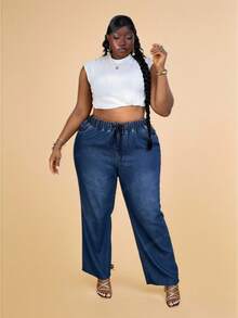 CurvyTilda Plus Drawstring Waist Wide Leg Jeans - Dark Wash - View 3