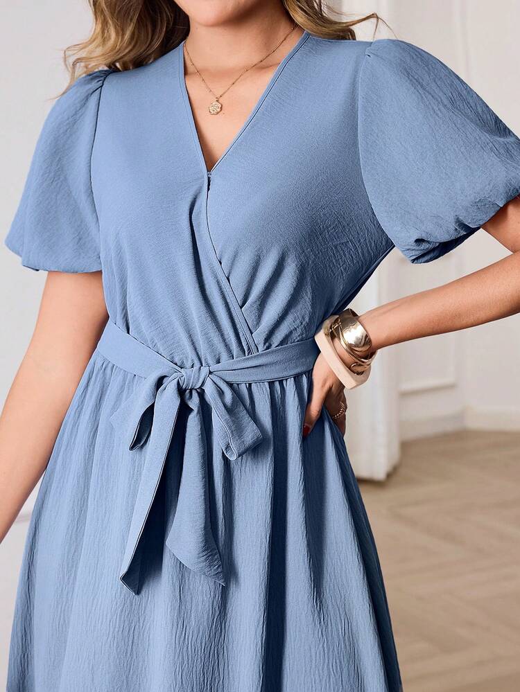Elegant Light Blue Midi Dress For Women – V-Neck Puff Sleeve Belted Wrap Dress, Perfect For Summer & Spring, Ideal For Wedding Guest, Party, Vacation, Beach, Going Out, Casual Daily Wear, And Festival Occasions,Graduation Outfit For Mother,Summer Outfits For Women