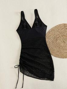SHEIN Swim Lushore 女士成熟黑色蕾丝镂空V领抽绳泳装，显瘦、优雅、迷人、高端海滩度假时尚泳装 - 黑色 - 查看 2