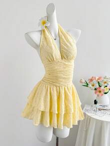 Elamini Đầm ngắn nữ màu vàng dệt jacquard cổ chữ V sâu hở lưng, eo nhún bèo, gấu đầm xếp ly đôi, thanh lịch, tối giản, ngọt ngào, dễ thương, lãng mạn, thích hợp cho kỳ nghỉ, đi biển, hẹn hò hàng ngày, đa năng, mùa xuân/hè. - Màu vàng - Xem 7