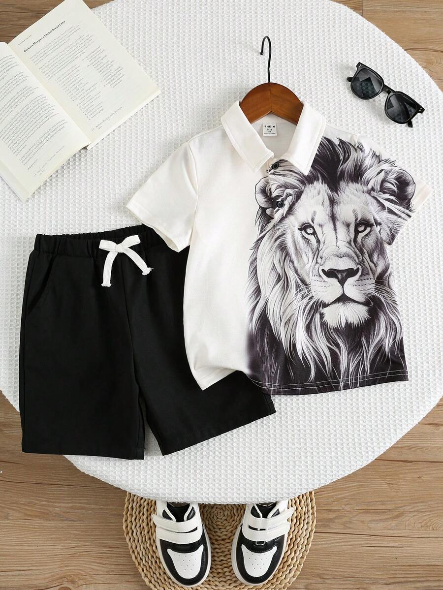 2pcs/Set Young Boys Lion Cartoon Print Polo Shirt & Black Shorts Set, Casual, Comfortable, Versatile, Suitable For Daily Wear, Outings, Outdoor, Holidays, Beach Vacations, Summer, Spring/Summer - Black and White - View 1