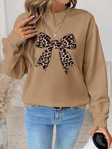SHEIN LUNE Women's Casual Leopard Print Bow Graphic Round Neck Loose Fit Long Sleeve Sweatshirt - Multicolor - View 1