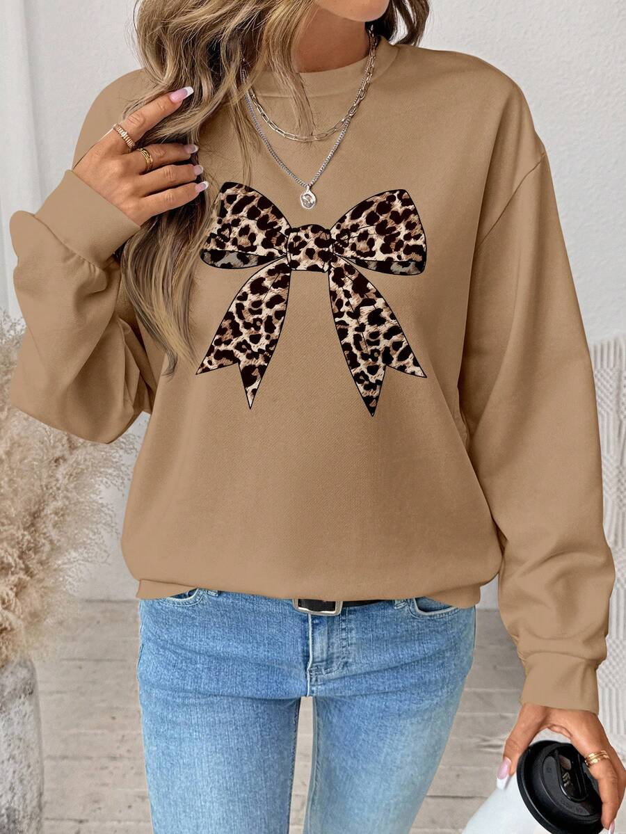 SHEIN LUNE Women's Casual Leopard Print Bow Graphic Round Neck Loose Fit Long Sleeve Sweatshirt - Multicolor - View 1