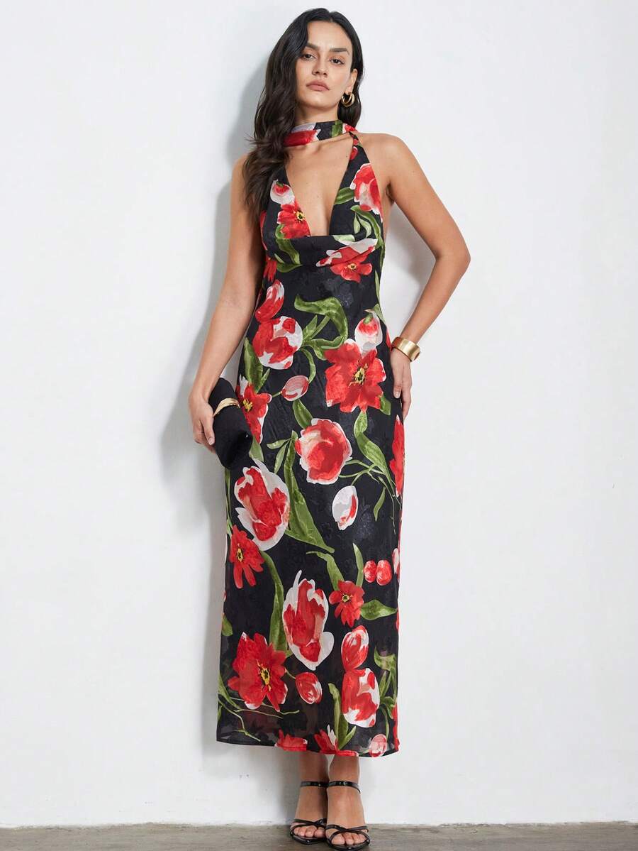 Aveloria Modichic New Style Scarf Neck Fitted Sleeveless Midi Dress - Black - View 1