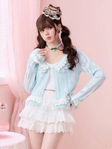 ROMWE Kawaii Cute Ruffled Dual-Layer Heart & Butterfly Hollow Out Cardigan For Women - Mint Green - View 6