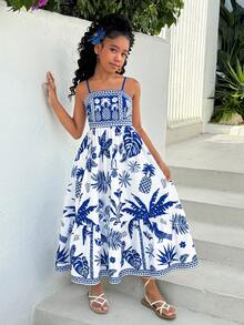 Tween Girl Tropical Blue Print Dress With Adjustable Back, Spring/Summer - Blue - View 4