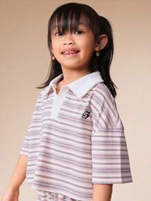 SUMWON 女童条纹 Polo 衫和配套长裤套装，短袖翻领上衣搭配松紧腰长裤，休闲日常度假装。 - 粉色 - 查看 5