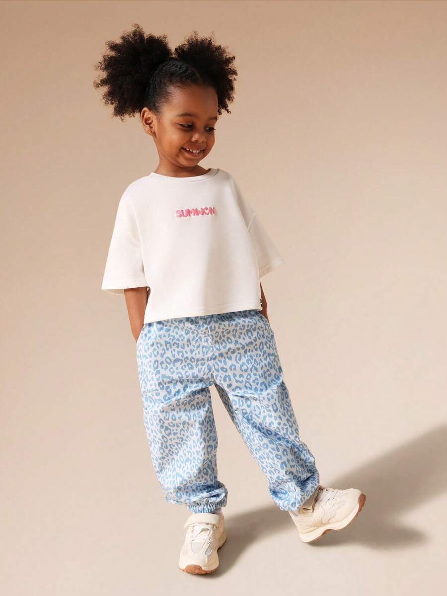 SUMWON Girls Oversized T-Shirt And Leopard Print Trousers Co-Ord Set With Short Sleeves Crew Neck Casual Summer Two Piece Outfit Vacation - Blue - View 1