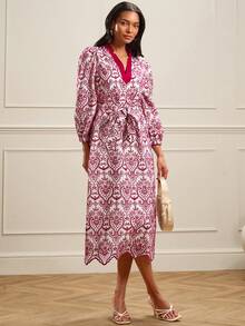 Lilora Women's Elegant Eyelet Embroidery V-Neck Lantern Sleeve Dress - Multicolor - View 4