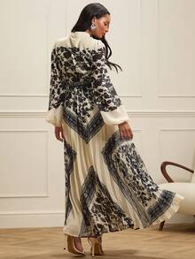 Lilora 优雅复古佩斯利几何印花高端定位垂褶领纽扣系带腰部蝴蝶结褶裥灯笼袖长袖休闲、工作、约会、晚宴、下午茶女装 - 彩色 - 查看 3