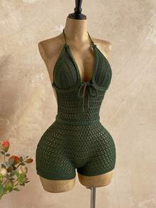 Soleia Women's Vacation Knit Textured Fabric Halter Mini Jumpsuit, Sexy Party Date Beach Holiday Summer Outfit, Suitable For Holiday Date, Afternoon Tea, Wedding Season, Beach Cruise Vacation, City Road Trip Vacation, Boho Vacation, Music Festival,Carnival - Green - View 6