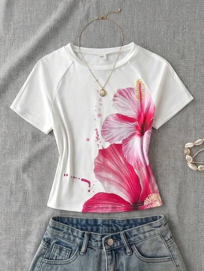Teen Girls' Floral/Hawaiian Print Short Sleeve Fitted T-Shirt, Floral Blouse, Tropical Vibe Top, Suitable For Outings