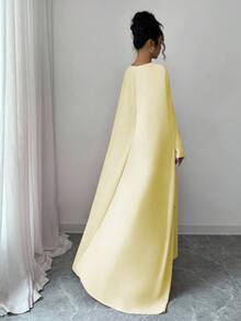 Elenzga Đầm maxi dự tiệc nữ mùa thu/đông, cổ tròn, tay dài, dáng xòe, đính ngọc trai, đính eo, thanh lịch và đa năng. - Vàng nhạt - Xem 2