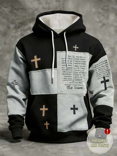 Glimmora 男士艺术复古拼接印花连帽衫，色彩鲜艳，穿着舒适，耶稣十字架信仰图案长袖卫衣，适合日常穿着