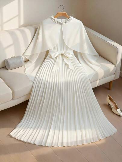 Franclia Women's Solid Color Round Neck Elegant Rhinestone Decor Pleated Dress