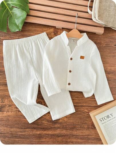 2pcs Baby Boy & Baby Girl Basic Outfit Set: White Long Sleeve Stand Collar Shirt And Elastic Waist Pants, Suitable For Spring, Summer, Autumn, Birthday Party, New Year Party, Gala, Performance, Wedding, Baby Shower, Christening, 1st Birthday Celebration