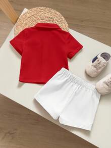 Newborn Baby Boy/Girl Cute Summer Casual Versatile White Short Sleeve Shirt With Elastic Waist Khaki Belt Shorts Set Baby Boy Summer Baby Boys Sets - Multicolor - View 2