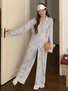 DAZY Bear Print Loose Women Pajama Set - Light Grey - View 6