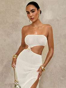 Breezaya 女士针织半透明不对称海星开衩连衣裙，米色 - 米色 - 查看 1