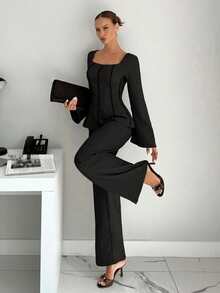 Siren Gaze Women's Solid Color Square Neck Flare Sleeve Top And Pants Suit, New Autumn Set - Black - View 6