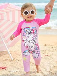 SHEIN Sparklyn Adorable Unicorn Print Long-Sleeved And Long-Legged Swimsuit For Baby Girls, Available In Pink And Fuchsia Colors. Perfect For Summer And Vacation Wear, This Toddler Beachwear Set Also Includes Sun Protection Options. Features Include Unicorn Print, Long Sleeves, And Cartoon Print. - Hot Pink - View 10